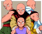  age_difference bald black_eyes border cape chinese_clothes clenched_hand crossed_arms dirty dirty_clothes dirty_face dougi dragon_ball dragon_ball_(classic) dragon_ball_super dragon_ball_z fingernails frown goro_(szyk7834) grey_background grin hand_on_another's_shoulder hand_on_hip hat height_difference lavender_shirt light_smile long_sleeves looking_at_another looking_at_viewer looking_away looking_back looking_down male_focus multiple_boys multiple_persona outside_border profile serious shirt simple_background sleeveless sleeveless_shirt smile tenshinhan third_eye upper_body white_cape younger 