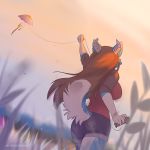  2018 5_fingers anthro brown_hair canine clothed clothing day detailed_background digital_media_(artwork) female hair horn kite koul mammal outside rear_view solo standing 