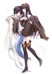  1girl :d aki663 ayer bandaged_arm bandages black_hair boots brother_and_sister brown_hair carrying commentary gloves goggles goggles_on_head granblue_fantasy jessica_(granblue_fantasy) long_hair open_mouth pants princess_carry short_hair siblings smile thighhighs white_gloves zzz 