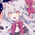  :3 animal_ears bell black_hanekawa bow breasts candy cat_ears cleavage commentary_request fangs food fukurou_(hvgd5584) halloween_costume hanekawa_tsubasa hood large_breasts long_hair looking_at_viewer monogatari_(series) open_mouth silver_hair slit_pupils solo very_long_hair yellow_eyes 