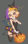  black_legwear black_leotard blush candy cropped_legs demon_tail detached_collar domino_mask food gloves grey_background hair_ornament halloween halloween_basket hat highres inkling leotard lollipop looking_at_viewer mask multicolored_hair open_mouth single_thighhigh solo splatoon_(series) strapless strapless_leotard tail tentacle_hair thighhighs two-tone_hair white_gloves wings witch_hat yu-ri 