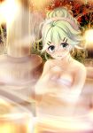  bangs bare_shoulders collarbone commentary_request eyebrows_visible_through_hair green_eyes green_hair hair_between_eyes hair_ornament hairclip hand_on_own_chest in_water kakeyu kantai_collection looking_at_viewer naked_towel onsen open_mouth outdoors parted_bangs reflection sidelocks solo towel tree yamakaze_(kantai_collection) 