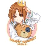  adjusting_headwear arm_up bandages bandaid bangs blouse brown_eyes brown_hair character_name circle closed_mouth commentary crown english eyebrows_visible_through_hair girls_und_panzer happy_birthday holding holding_stuffed_animal long_sleeves looking_at_viewer mini_crown nishizumi_miho ooarai_school_uniform school_uniform serafuku short_hair smile solo stuffed_animal stuffed_toy upper_body white_blouse yuuyu_(777) 