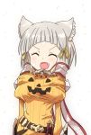  ^_^ ^o^ animal_ears bangs belt blunt_bangs blush bodysuit cat_ears closed_eyes dagger facial_mark fang halloween happy highres long_sleeves niyah nke_toumi open_mouth silver_hair simple_background smile solo weapon white_background xenoblade_(series) xenoblade_2 yellow_eyes 