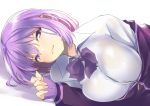  blush bow bowtie breasts closed_mouth collared_shirt commentary_request dress_shirt highres jacket large_breasts long_sleeves looking_at_viewer nukkoru off_shoulder open_clothes open_jacket partially_unzipped purple_bow purple_eyes purple_hair purple_neckwear school_uniform shinjou_akane shirt short_hair simple_background sleeves_past_wrists smile solo ssss.gridman upper_body white_background white_shirt wing_collar zipper_pull_tab 