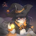  aliter bangs black_cape black_hat blue_eyes bow breasts cape closed_mouth collared_shirt commentary_request eyebrows_visible_through_hair glowing hair_between_eyes halloween hand_up hat highres jack-o'-lantern long_sleeves looking_at_viewer medium_breasts multicolored multicolored_cape multicolored_clothes night night_sky orange_cape original shirt signature sky solo star_(sky) starry_sky striped striped_bow upper_body white_shirt witch_hat 