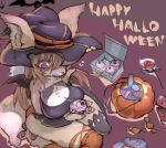  1girl brown_hair candy dog food furry halloween happy_halloween hat long_hair open_mouth purple_eyes solo witch_hat yeti_(mu_kaiten) 