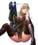  1girl ass blonde_hair blue_eyes blush boots breast_press breasts curvy dress erect_nipples female holding holding_weapon huge_ass huge_breasts lilith-soft long_hair nobushito_kuro panties partially_visible_vulva shiny shiny_hair shiny_skin simple_background sitting solo taimanin_asagi_battle_arena tina_worrel underwear weapon white_background 