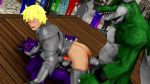  3d_(artwork) anal anal_penetration anthro armor balls being_watched blonde_hair blue_eyes blush bottomless clothed clothing crowd digital_media_(artwork) double_anal double_penetration dragon erection group group_sex hair human human_on_anthro humanoid_penis interspecies knight male male/male male_on_anthro malicekira mammal penetration penis public sex slightly_chubby tears 