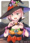  :d bangs black_bow black_cape black_hat black_nails black_skirt bow breasts brown_eyes cape claw_pose cleavage commentary_request eyebrows_visible_through_hair fate/grand_order fate_(series) fingernails green_bow grey_background hair_between_eyes hair_bow hakuda_tofu halloween hands_up hat hat_bow hat_ribbon head_tilt koha-ace large_breasts looking_at_viewer multicolored multicolored_cape multicolored_clothes multicolored_nails nail_polish okita_souji_(fate) okita_souji_(fate)_(all) open_mouth orange_nails pink_bow pink_hair pink_ribbon print_cape purple_bow purple_cape purple_nails red_bow red_nails red_ribbon ribbon signature skirt smile solo star star_print striped striped_bow two-tone_background white_background witch_hat wrist_cuffs 
