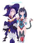  :o ;d alternate_costume animal_ears anti_(ssss.gridman) anti_(ssss.gridman)_(cosplay) bare_shoulders black_hair blue_eyes bodysuit breasts cat_ears cleavage collarbone cosplay dress findoworld gridman_(ssss) gridman_(ssss)_(cosplay) halloween halloween_costume happy_halloween hat highres long_hair long_sleeves medium_breasts multiple_girls off_shoulder one_eye_closed open_mouth pantyhose paw_pose purple_eyes purple_hair scrunchie shinjou_akane short_hair simple_background sleeves_past_wrists smile ssss.gridman standing tail takarada_rikka teeth thighhighs vambraces white_background witch_hat 