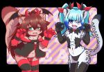  2girls blue_eyes blue_hair brown_hair furry green_eyes halloween halloween_costume long_hair multiple_girls neguchi69 open_mouth raccoon snow_leopard 