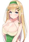  :o bare_arms bare_shoulders blonde_hair blue_eyes blush braid breasts cleavage collarbone commentary_request criss-cross_halter elf flower hair_ornament hairband hairclip halterneck hand_on_own_chest keima_ron large_breasts long_hair looking_at_viewer original pointy_ears side_braid simple_background solo upper_body white_background 