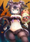  :d absurdres animal_ears bandeau bare_shoulders black_hair blonde_hair blue_eyes bow breasts cerberus_(kemono_friends) chestnut_mouth chibi collar commentary dog_ears elbow_gloves eyebrows_visible_through_hair fangs fingerless_gloves gloves green_eyes groin halloween highres jack-o'-lantern_(kemono_friends) japari_symbol kanzakietc kemono_friends medium_breasts micro_shorts midriff multiple_girls navel open_mouth pantyhose pantyhose_under_shorts scar scar_across_eye short_hair shorts smile spiked_collar spikes tail twintails underboob 