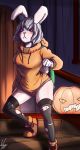  1girl alternate_hair_color animal_ears black_legwear blush breasts bunny_ears bunny_tail carrot_(one_piece) furry grey_hair halloween hood hoodie jack-o&#039;-lantern medium_breasts one_piece orange_footwear orange_hoodie pumpkin rabbit_girl red_eyes short_hair solo tail thighhighs torn_legwear tube_ 