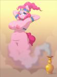  2018 anthro areola belly blue_eyes blush_sticker breasts digital_media_(artwork) ear_piercing earth_pony equine eyelashes eyeshadow female friendship_is_magic genie hair hands_behind_head headband hi_res horse lamp looking_at_viewer makeup mammal my_little_pony nipples omegaozone one_eye_closed piercing pink_hair pinkie_pie_(mlp) pony pussy slightly_chubby smile smoke solo wink 