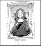  bare_legs black_border border box commentary costume fate/grand_order fate_(series) fine_art_parody greyscale holding leonardo_da_vinci_(fate/grand_order) long_hair long_sleeves mona_lisa monochrome parody smile syatey wavy_hair white_background 