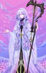  cloak closed_mouth fate/grand_order fate_(series) feet_out_of_frame flower genderswap genderswap_(mtf) highres hood hood_up hooded_cloak lavender_hair long_hair looking_at_viewer merlin_(fate) merlin_(fate/prototype) nipi27 petals pink_sky purple_eyes robe solo staff very_long_hair white_cloak white_robe wide_sleeves 