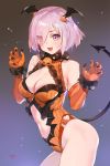  artist_name bangs bare_shoulders blush breasts claw_pose claws cleavage commentary demon_girl demon_tail elbow_gloves eyebrows_visible_through_hair fangs fate/grand_order fate_(series) fur_trim gloves gradient gradient_background hair_over_one_eye hands_up highres horns jack-o'-lantern large_breasts leotard looking_at_viewer mash_kyrielight navel navel_cutout open_mouth orange_gloves orange_leotard pumpkin shiny shiny_hair shiny_skin short_hair signature simple_background sleeveless solo tail thighs yang-do 