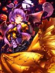  ahoge bangs bare_shoulders bat bat_wings black_gloves black_wings blush bow bug_(artist) candle dress elbow_gloves eyebrows_visible_through_hair fire ghost gloves halloween hand_up highres horns jack-o'-lantern long_hair low_twintails open_mouth orange_bow pink_eyes pumpkin purple_hair solo spider_web_print twintails vocaloid voiceroid wings yuzuki_yukari 