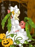  blonde_hair closed_eyes commentary_request dress gomisuke_(deep-dive) halloween kingdom_hearts kingdom_hearts_ii medium_hair namine pumpkin skeleton solo tree turnip white_dress 