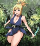  :d blonde_hair blue_eyes breasts cleavage commentary_request dated day dr._stone dual_wielding holding holding_knife knife kohaku_(dr._stone) no_panties open_mouth outdoors shibusun smile solo standing standing_on_one_leg thighs tree 