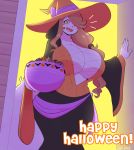  2018 5_fingers anthro big_breasts big_tail black_bottomwear black_clothing black_pants blush bowl breasts brown_hair candy canine cleavage clothed clothing costume digital_media_(artwork) dog fangs female food front_view fur hair halloween hat hi_res holding_object holidays holly_applebee huge_breasts humanoid_hands long_hair looking_at_viewer magic_user mammal nipple_bulge open_mouth pants signature smile solo standing theycallhimcake trick_or_treat white_fur white_tail witch witch_hat yellow_eyes 
