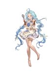  apron armlet bangs bare_shoulders barefoot blue_eyes blue_hair bow bowtie choker closed_mouth collarbone dress full_body granblue_fantasy hands_up long_hair looking_at_viewer lyria_(granblue_fantasy) minaba_hideo official_art parted_bangs ribbon smile solo thigh_strap transparent_background very_long_hair whisk white_dress 