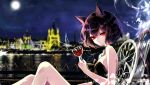  animal_ears artist_name bare_arms bare_shoulders black_choker black_dress black_hair breasts bug building butterfly cat_ears chair chinese_commentary choker commentary_request crescent crescent_choker cup dress drinking_glass feet_out_of_frame full_moon highres holding holding_cup insect knees_up looking_at_viewer medium_breasts moon night night_sky original outdoors red_eyes sheya short_hair signature sitting sky solo star_(sky) starry_sky strapless strapless_dress thighs wine_glass 