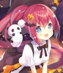  &gt;_&lt; :3 bangs bat_hair_ornament black_skirt blue_eyes blurry blurry_background bow commentary dress_shirt food_themed_hair_ornament ghost hair_between_eyes hair_ornament halloween hat light_particles long_hair looking_at_viewer multicolored_hair open_mouth original p19 panda ponytail pumpkin_hair_ornament red_hair shirt short_sleeves skirt smile solo streaked_hair very_long_hair white_shirt witch_hat x3 