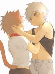  animal_ears blue_eyes blush cat_ears cat_tail catboy collar commentary_request green_eyes ikutsuki male_focus multiple_boys original red_hair tail white_hair yaoi 