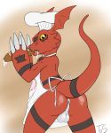  anus apron baker balls bread butt claws clothing costume digimon digimon_(species) eating food guilmon halloween holidays lizard looking_at_viewer looking_back male naked_apron open_mouth presenting reptile scalie simple_background solo standing theoryofstrings tongue 