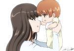  artist_name baby bangs blunt_bangs brown_eyes brown_hair bukkuri commentary dated eyebrows_visible_through_hair from_side girls_und_panzer lifting_person long_hair long_sleeves looking_at_another mother_and_daughter multiple_girls nishizumi_miho nishizumi_shiho onesie open_mouth shirt short_hair signature simple_background smile straight_hair very_short_hair white_background white_shirt younger 