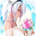  absurdres alternate_costume blue_background blush bouquet breasts bridal_veil cleavage closed_mouth dark_skin dress flower from_side glasses headgear highres kantai_collection large_breasts lips long_hair looking_at_viewer musashi_(kantai_collection) red_eyes simple_background smile solo upper_body veil very_long_hair wedding_dress white_dress white_hair yunamaro 
