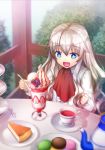  1girl bangs blue_eyes child eelde_(nakaishow) eyebrows_visible_through_hair food hair_between_eyes ice_cream long_hair long_sleeves nakaishow open_mouth parfait shirt silver_hair spoon symbol-shaped_pupils wavy_hair white_shirt 