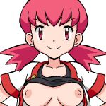  1girl akane_(pokemon) breasts breasts_outside creatures_(company) game_freak gomatarou_(pixiv196136) looking_at_viewer nintendo nipples pink_eyes pink_hair pokemon smile 