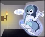  2018 big_breasts blue_hair blush breasts butt clothing dickgirl digital_media_(artwork) english_text erection ghost hair hi_res humanoid intersex nipples not_furry not_safe_for_reality penis smile solo spirit spooky&#039;s_jump_scare_mansion spooky_(sjm) text 