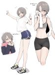  :d arms_up bangs bare_shoulders belly_peek bike_shorts bike_shorts_under_shorts black_footwear blue_shorts blush boyshorts check_translation cold collarbone commentary cropped_legs cropped_torso double_v fpanda full_body grey_eyes grey_hair highres idolmaster idolmaster_cinderella_girls long_sleeves looking_at_viewer motion_lines multiple_views navel one_eye_closed open_mouth otokura_yuuki panties_under_bike_shorts parted_bangs pink_scarf round_teeth scarf shirt shoes short_hair short_sleeves shorts simple_background sleeves_past_wrists smile sneakers socks sports_bra standing stomach sweat teardrop teeth towel translation_request upper_teeth v watch white_background white_legwear white_shirt winter_clothes wiping_face wristband wristwatch 