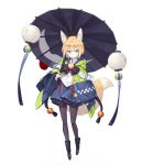  animal_ear_fluff animal_ears bangs blonde_hair blue_eyes boots bow checkered eyebrows_visible_through_hair fox_ears fox_tail full_body highres holding kuroino_(poco) lantern looking_at_viewer oriental_umbrella original pantyhose paper_lantern poco_(asahi_age) poncho shiratama_kitsune short_hair simple_background solo standing tail umbrella white_background wide_sleeves 