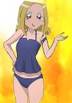  bare_shoulders bikini blunt_bangs hand_on_hip legs looking_at_another looking_at_viewer mound_of_venus official_art ojamajo_doremi outstretched_hand simple_background solo swimsuits tamaki_reika tankini toei_animation 