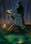  2018 4_toes 5_fingers anthro barefoot black_fur blue_eyes breasts candle canine digital_media_(artwork) female fire forest fur grass hauringu kneeling mammal night outside skull solo toes tree wolf 