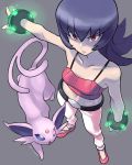  animal_ears arm_up bare_shoulders belt blue_eyes bracelet breasts closed_mouth collarbone commentary_request crop_top donnpati espeon forehead_jewel from_above gem gen_2_pokemon glaring glowing grey_background halter_top halterneck highres jewelry looking_at_viewer midriff multiple_tails natsume_(pokemon) no_socks open_mouth pants pink_crop_top pink_footwear pokemon pokemon_(creature) pokemon_(game) pokemon_hgss purple_hair red_eyes simple_background tail two_tails white_pants 
