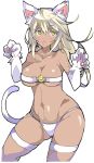  :o animal_ears bare_shoulders beltbra blonde_hair blush bra breasts cat_ears cat_tail claws cleavage collarbone commentary_request contrapposto dark_skin enpe fang graphite_(medium) green_eyes groin guilty_gear halloween highres large_breasts lingerie looking_at_viewer navel panties paw_pose paws ramlethal_valentine simple_background solo standing tail thigh_strap traditional_media underwear white_background white_bra white_panties 