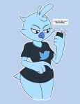  2019 angry avian beak bird blue_feathers bottomless breasts cheek_tuft clothed clothing english_text feathers female mattythemouse meme non-mammal_breasts phone simple_background solo text tuft tweetfur wings 