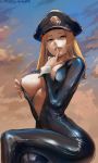  blonde_hair bodysuit boku_no_hero_academia breast_press breasts brown_eyes center_opening cloud commentary crossed_legs cutesexyrobutts finger_to_mouth full-length_zipper half-closed_eyes hat highres hips large_breasts leather long_hair looking_at_viewer parted_lips shiny shiny_clothes sitting solo thick_lips thighs unzipped utsushimi_kemii zipper 