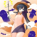 &gt;_&lt; 1girl arashio_(kantai_collection) arm_at_side asashio_(kantai_collection) bangs bat black_hair blue_eyes blush bow bowtie breasts cape commentary convenient_censoring eyebrows_visible_through_hair fang ghost gloves groin hair_between_eyes halloween hat highres holding kantai_collection kuronaga long_hair looking_at_viewer michishio_(kantai_collection) naked_cape ooshio_(kantai_collection) open_mouth orange_bow orange_neckwear pumpkin purple_cape purple_hat small_breasts smile solo stomach underboob white_gloves witch_hat 