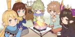  arulumaya blonde_hair blue_eyes blush_stickers bridgette_(granblue_fantasy) brown_eyes brown_hair campfire charlotta_fenia commentary_request crown cup expressionless eyebrows_visible_through_hair granblue_fantasy green_hair hair_ornament hairclip harvin long_hair looking_at_viewer mimlememel o_(rakkasei) pointy_ears ponytail ribbon scarf short_hair sierokarte skirt w 