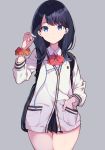  black_hair black_skirt blue_eyes bow cardigan closed_mouth collared_shirt cut_(bu-kunn) earbuds earphones expressionless eyebrows_visible_through_hair hand_in_pocket highres holding_earphone long_hair long_sleeves looking_at_viewer medium_hair red_bow scrunchie shirt skirt solo ssss.gridman takarada_rikka white_shirt wrist_scrunchie 