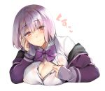  breasts button_gap cleavage commentary_request heart highres hinazuka_ryou large_breasts looking_at_viewer open_clothes open_shirt orange_eyes purple_hair raised_eyebrows shinjou_akane short_hair simple_background smile solo ssss.gridman translation_request upper_body white_background 