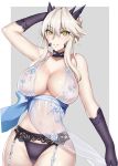 akatsuki_ikki artoria_pendragon_(all) artoria_pendragon_(lancer_alter) bare_shoulders black_gloves black_panties blonde_hair breasts cleavage commentary_request curvy elbow_gloves fate/grand_order fate_(series) garter_belt garter_straps gloves grey_background highres hips huge_breasts long_hair panties royal_icing sidelocks solo thigh_gap thighs underwear white_background yellow_eyes 
